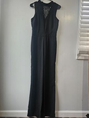 Mustard Seed Black Sleeveless Jumpsuit with Lace Yoke